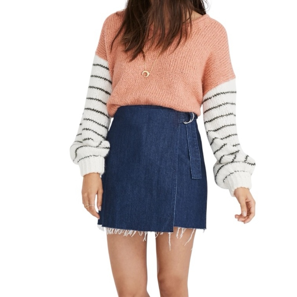 Madewell Denim Raw Fringe Hem Detail A-Line Wrap Mini Skirt - 4